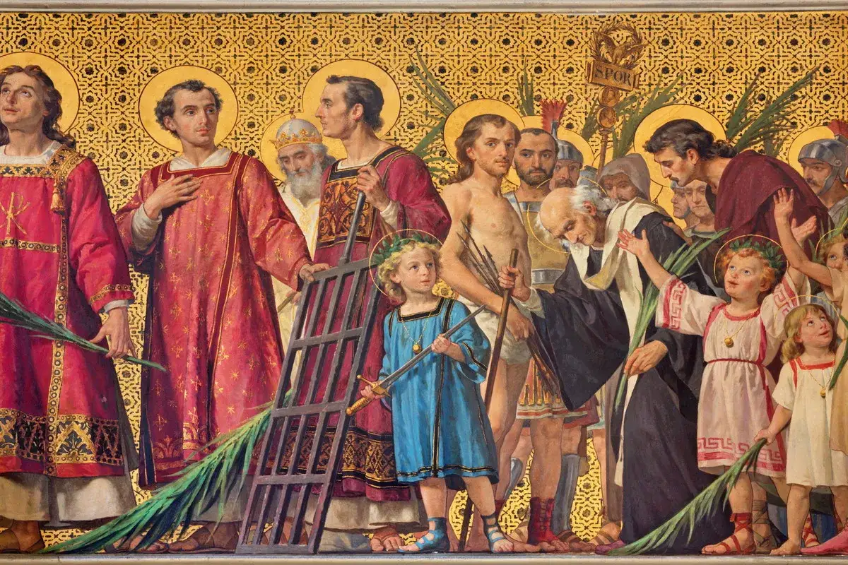 Grupa świętych, w tym dzieci, z palmami i atrybutami męczeństwa. Wśród nich polscy święci, świadkowie wiary.
