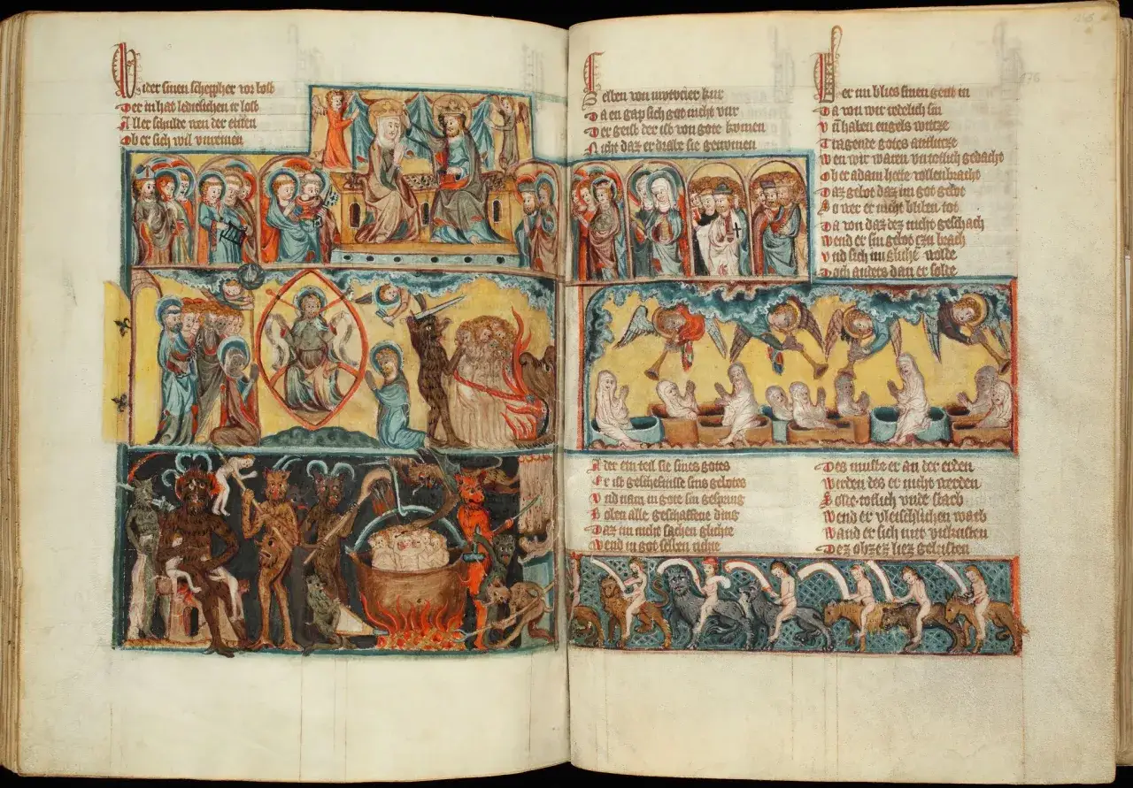 Ilustracja z manuskryptu, przedstawiająca sceny biblijne, w tym sąd ostateczny i piekło, nawiązujące do psalm 21.