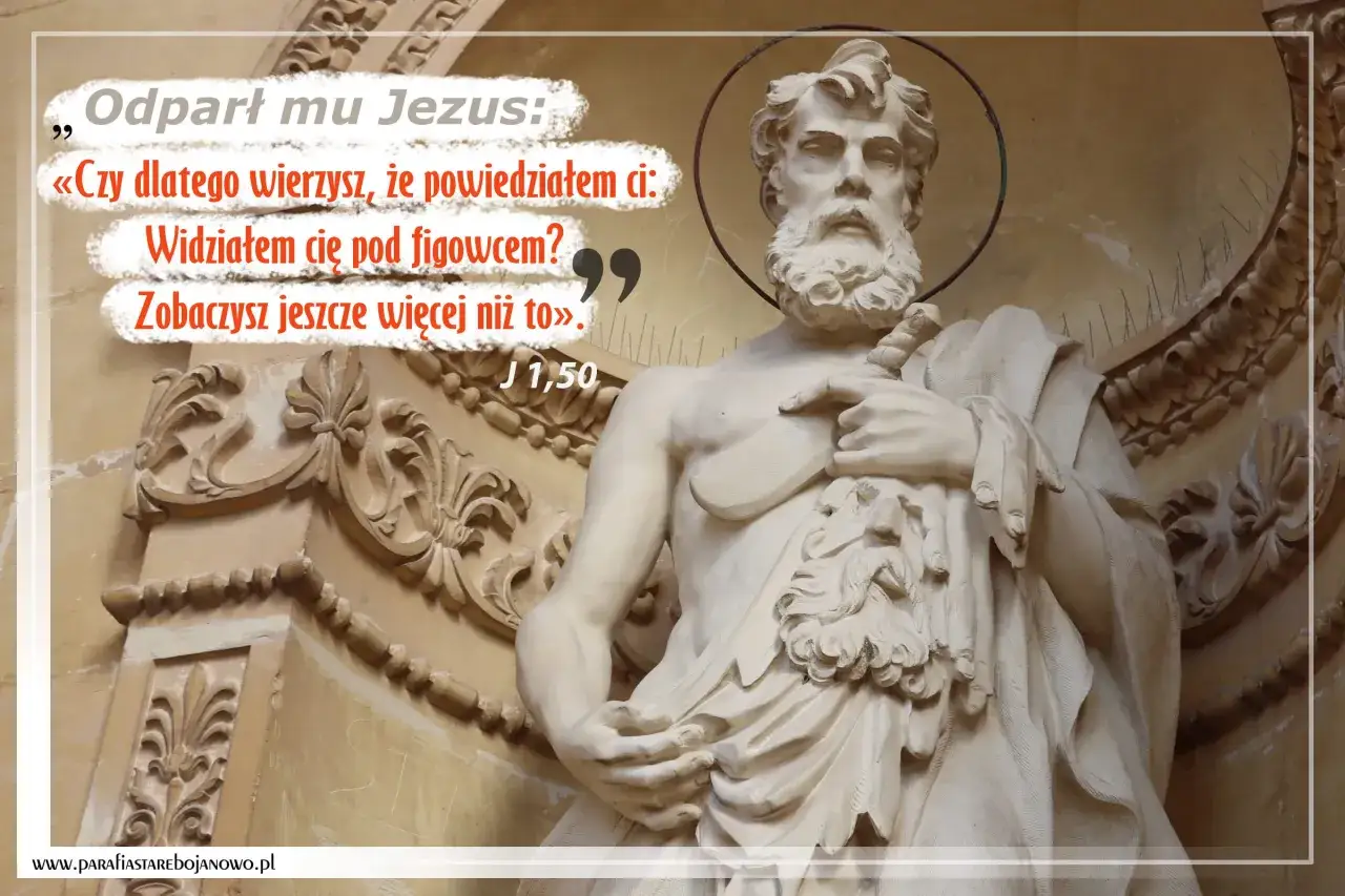 Kamienna rzeźba św. Bartosza z brodą i mieczem. Cytat z Ewangelii wg św. Jana:
