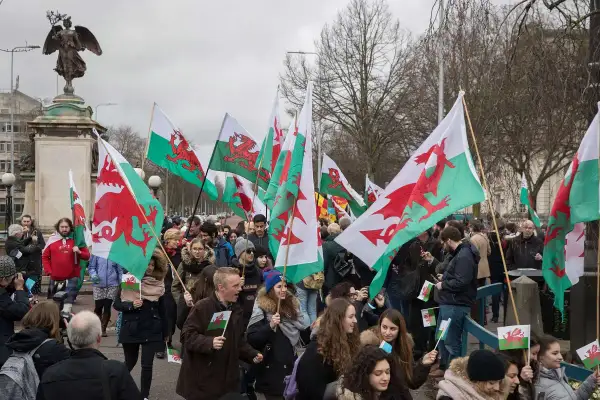 Grupa ludzi maszeruje z walijskimi flagami z czerwonymi smokami.