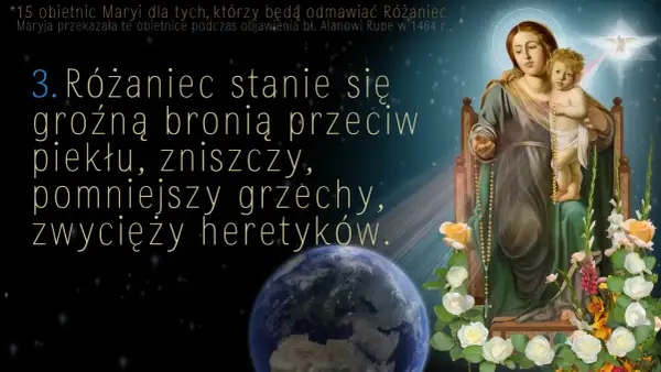 Obraz Matki Bożej z Dzieciątkiem, z różańcem, kwiatami i Ziemią.