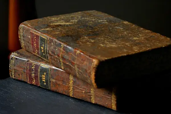 Dwie stare, skórzane księgi, jedna na drugiej. Na grzbietach widoczne napisy, sugerujące zawartość, być może mądrość Salomona z Biblii.