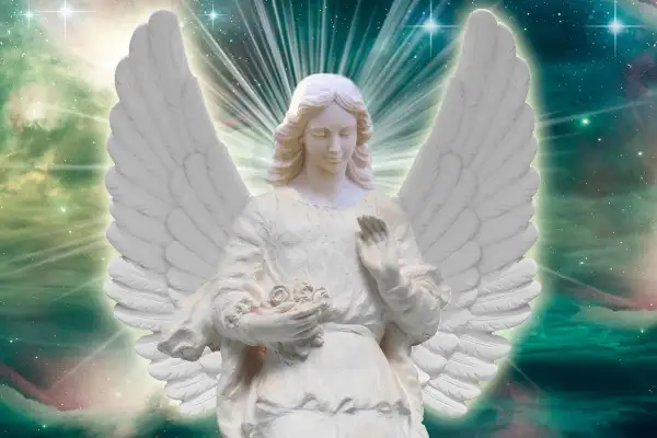 Anioł Uriel w białej szacie, z bukietem róż w dłoni, otoczony kosmicznym blaskiem.