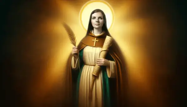 Święta Nadia z gałązką i zwojem, otoczona złotym blaskiem.
