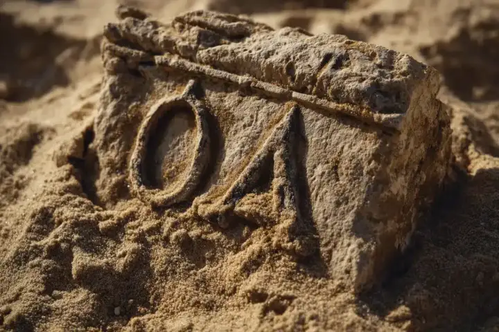 Kamienna tablica z greckimi literami "Omega" i "Alfa" na piasku, symbolizująca początek i koniec, jak w apokalipsie wg św. Jana.